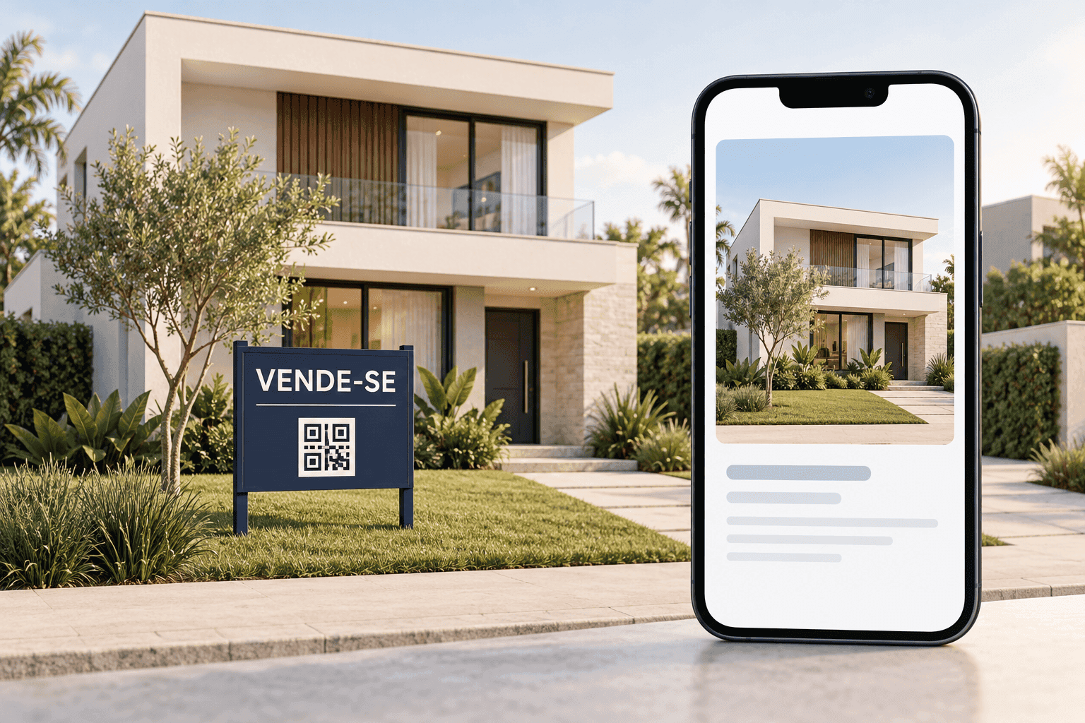 Ilustração conceitual: casa contemporânea, placa VENDE-SE e celular mostrando a mesma casa